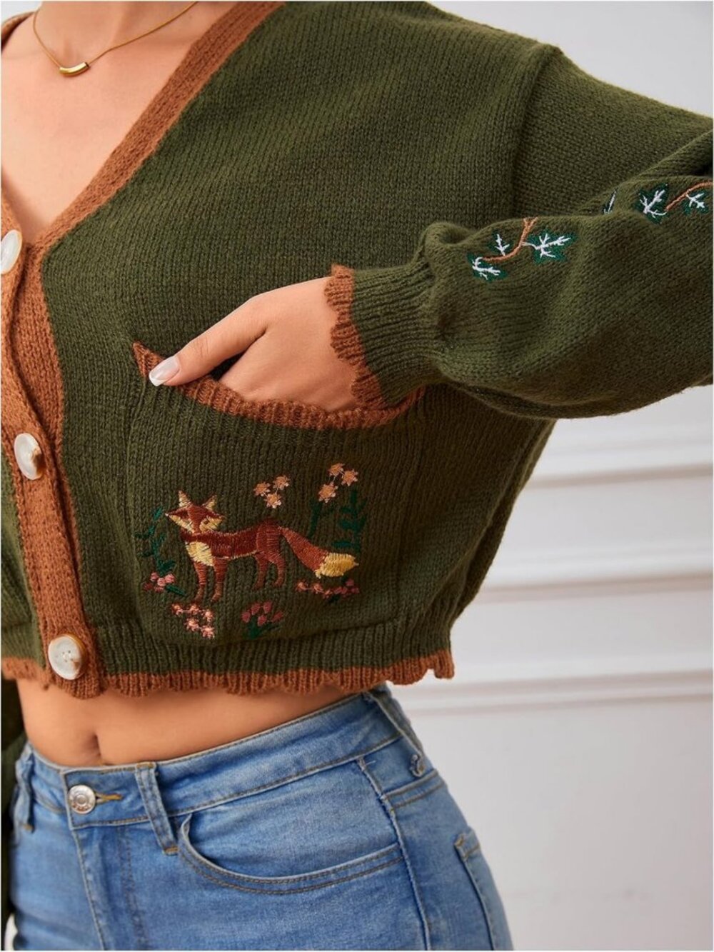 Floral Cropped Cardigan - Boho Cottagecore Sweater, Embroidered Open Front Fall - Picture 6 of 7